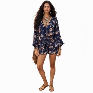 LUCKY BRAND Shorts Romper floral, long sleeve w/ tassels / BOHO/ size medium